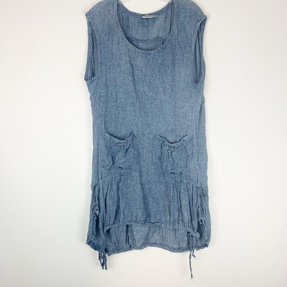 Monoreno Tunic Top Womens Medium Linen Cotton‎ Boho Lagenlook Drawstrings Blue M